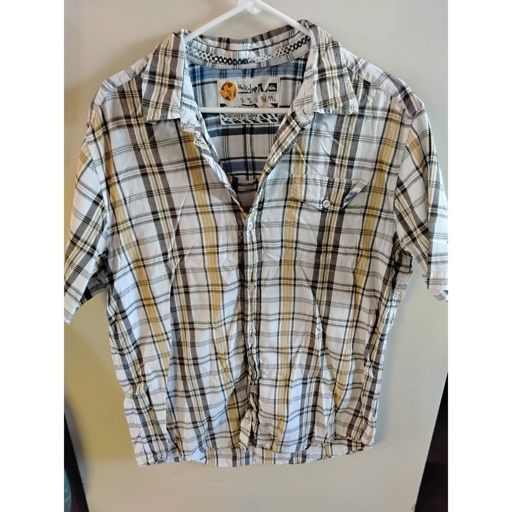 Quiksilver Mens Vintage‎ Plaid Short Sleeve Button Down Shirt Yellow Brown XL